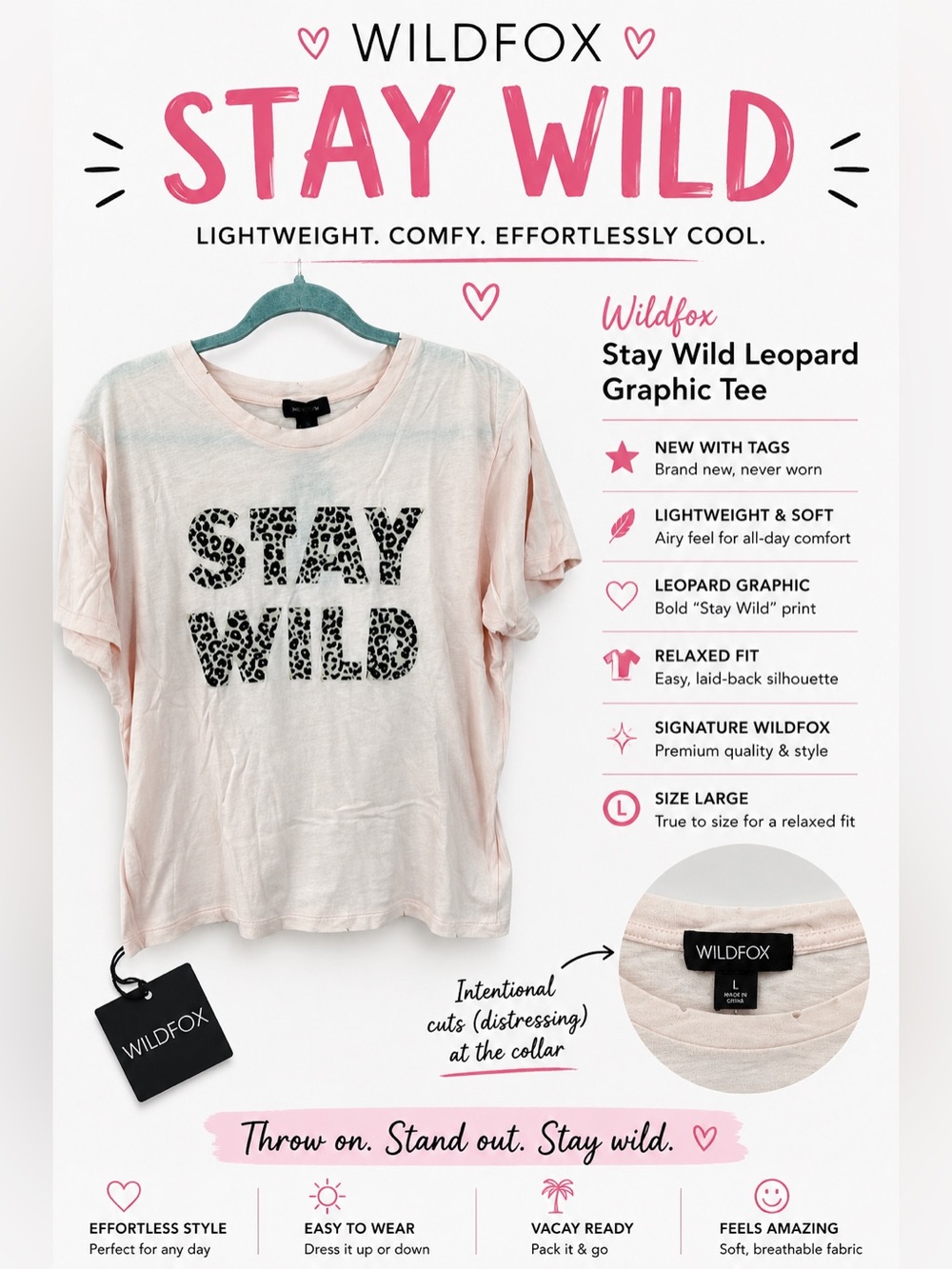 Wildfox Pink Leopard Print Stay Wild Graphic Tee light distressing Large NWT